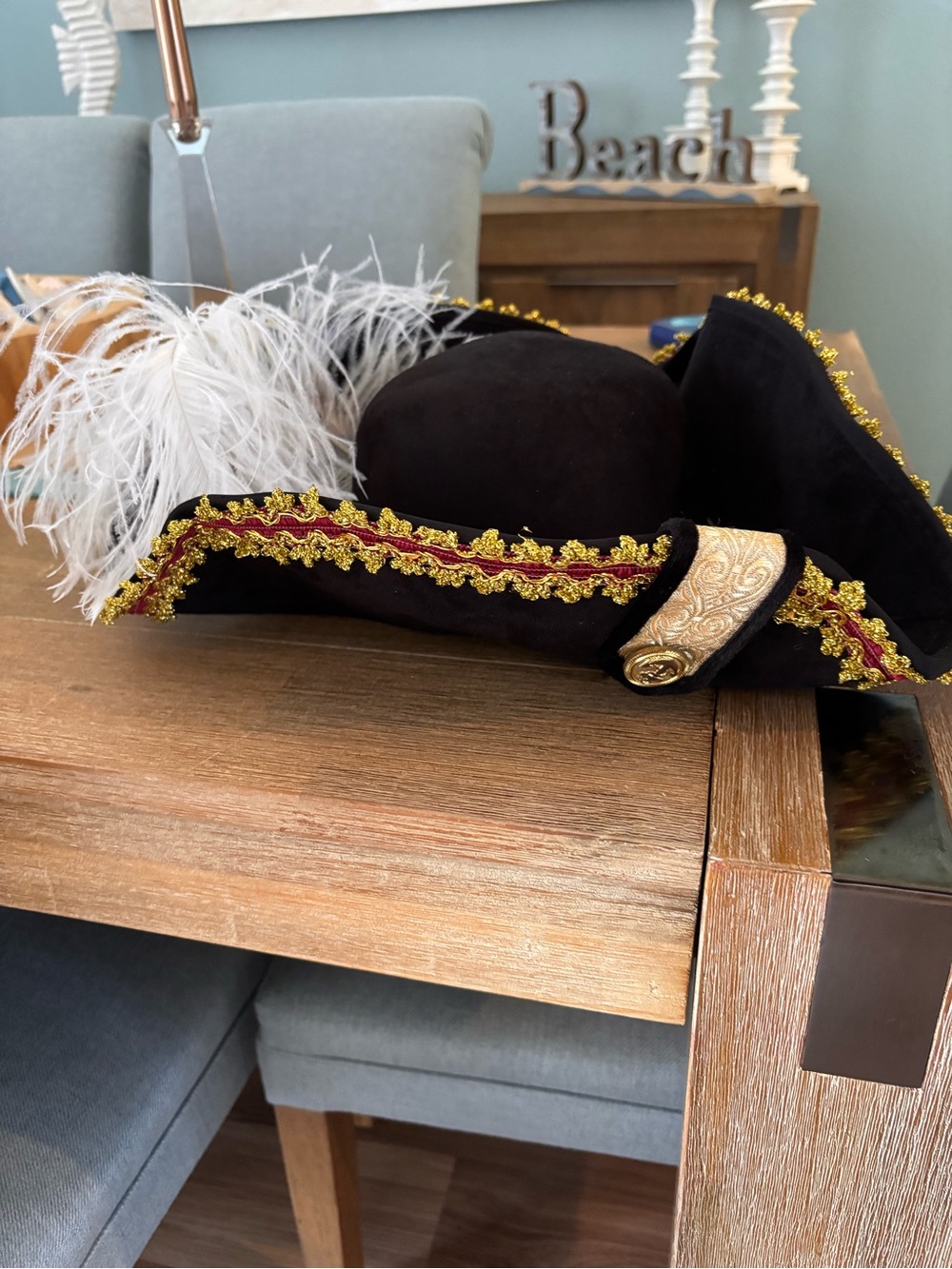 Black Feathered Tricorn Hat with Gold & Red Trim